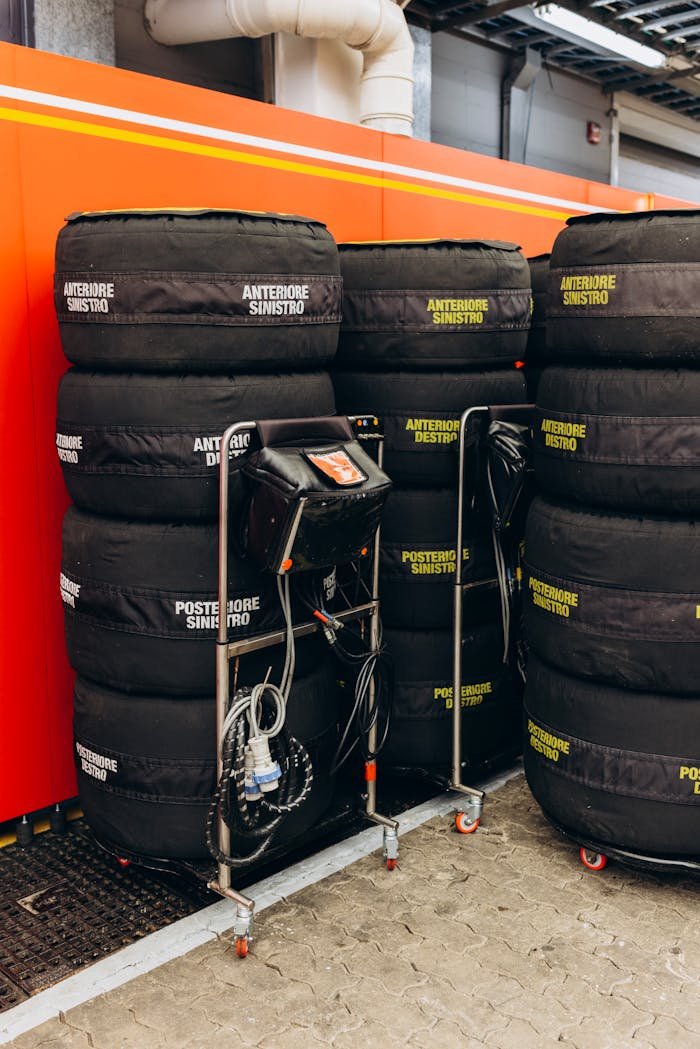 Multiple stacks of racing tires organized inside a garage with tire warming equipment.